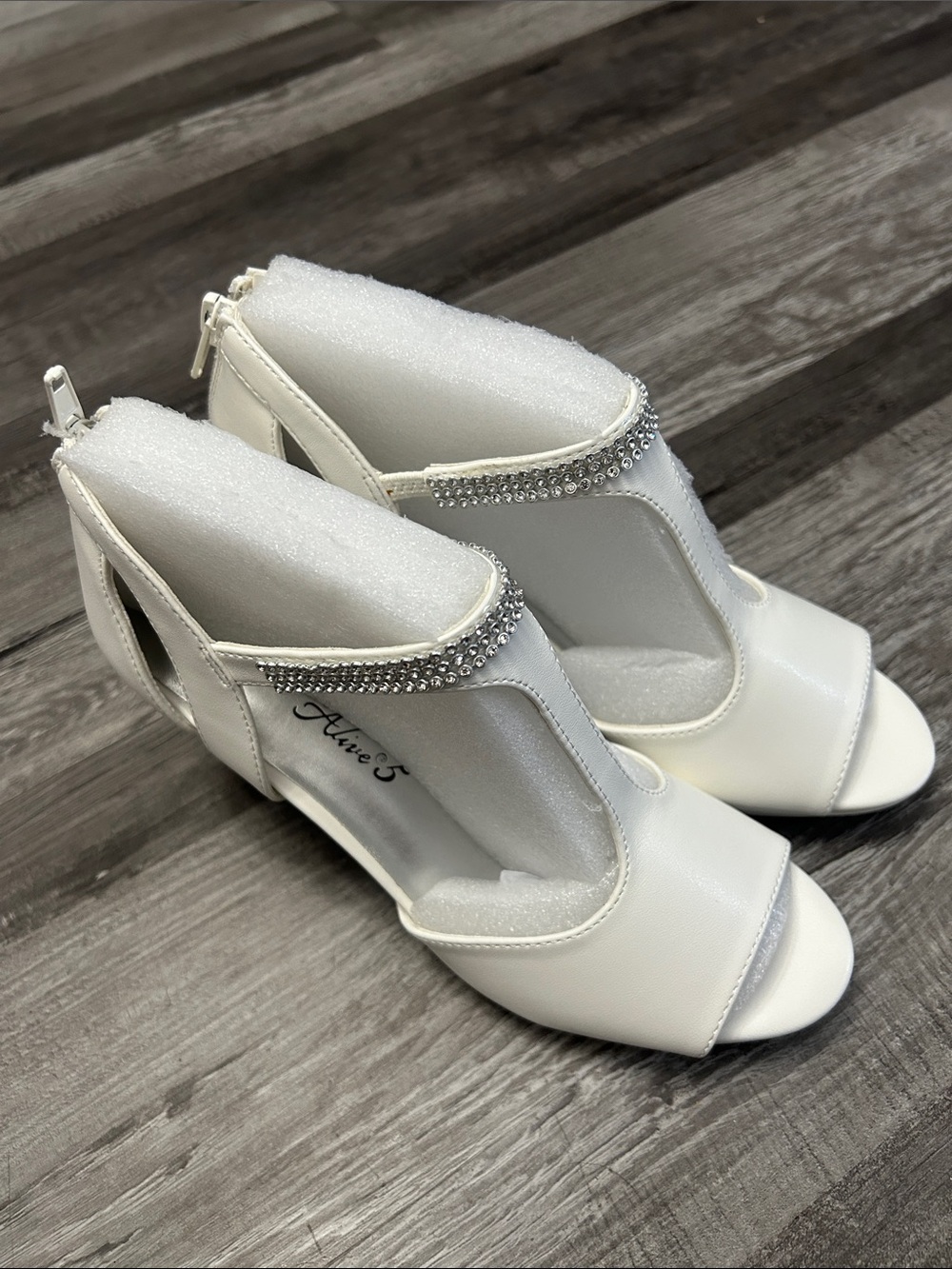 easy street  Alive@5 White Open-Toe Heels with Rhinestone Ankle Trim